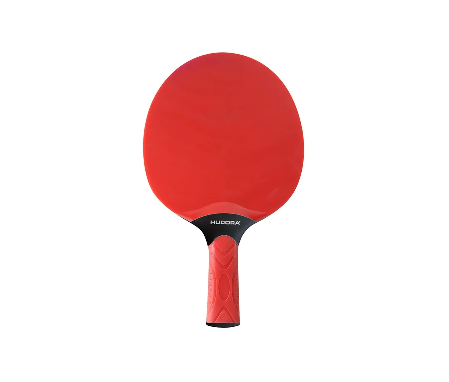 Nahaufnahme von einem roten Hudora Tischtennisschläger "Outdoor".