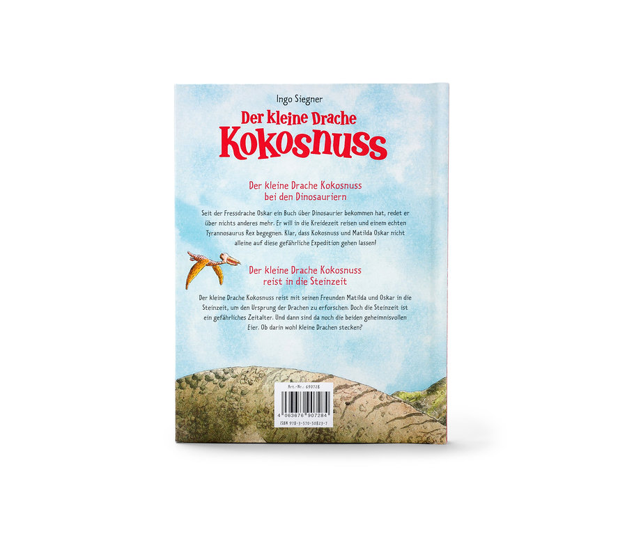 Buch: »Der kleine Drache Kokosnuss ‒ bei den Dinosauriern & In der Steinzeit« liegt auf dem Rücken.