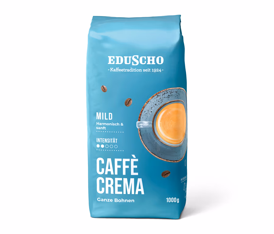 Hellblaue 1 kg Packung Eduscho Caffè Crema Mild Ganze Bohnen mit einer Tasse Kaffee und Kaffeebohnen als Motiv.