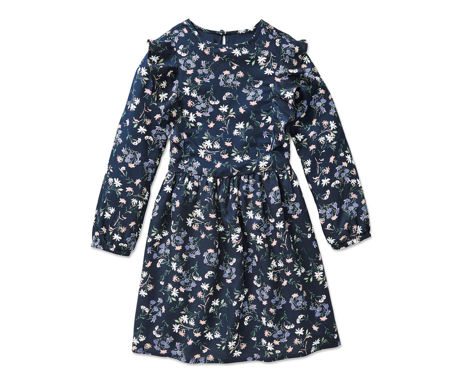 Blaues Kleid mit Blumenmuster und Rüschen.