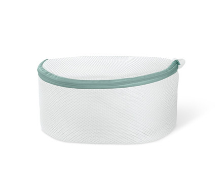 Ein weißes BH-Wäschenetz (2 Stück) mit grünem Reißverschluss.