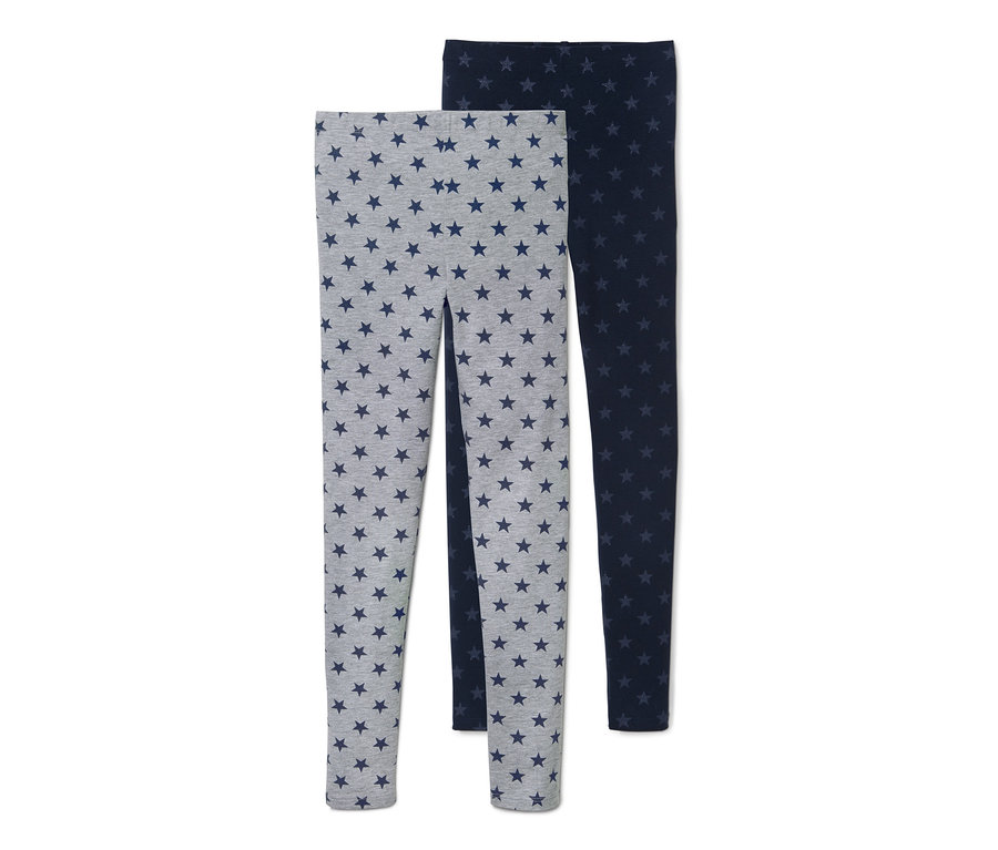 Zwei Leggings mit Sternenmuster, eine grau, eine dunkelblau.