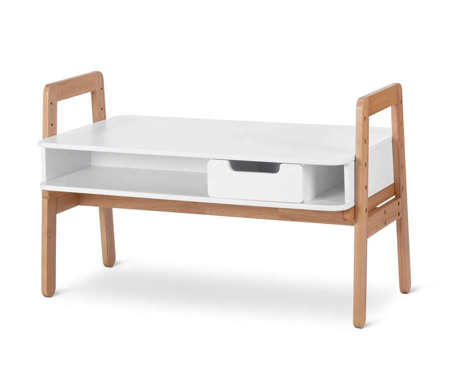 Ein höhenverstellbarer Basteltisch in Weiß und Holz mit Stauraum.