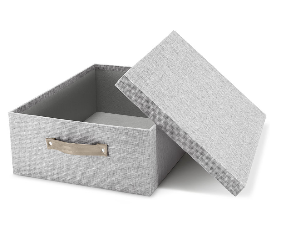 Offenes graues Ordnungsboxen-Set mit Deckel.