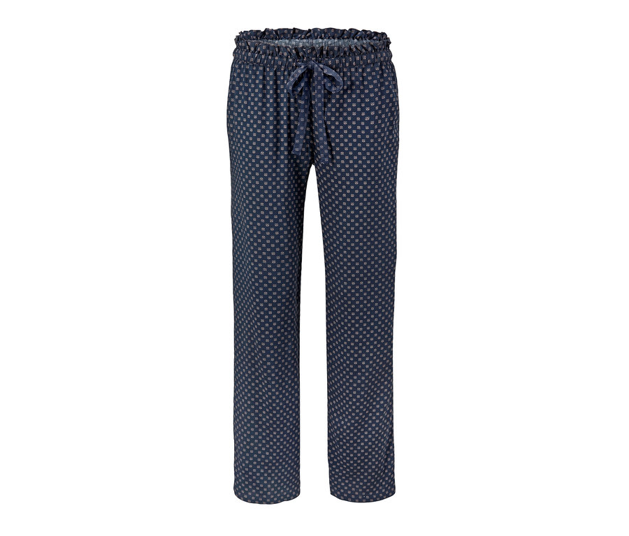 Eine dunkelblaue Relaxhose mit Muster und Zierband in der Taille.