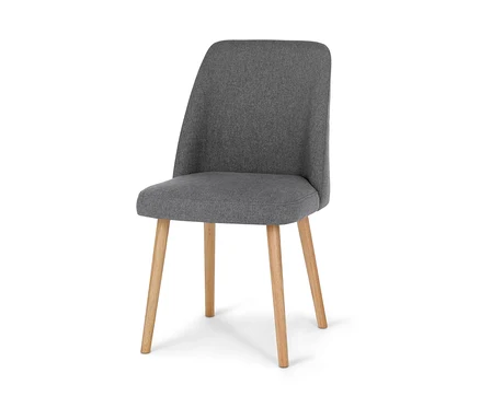 Grauer, gepolsterter Esszimmer-Stuhl mit Holzbeinen.