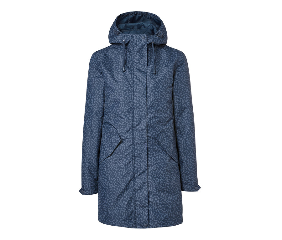 Eine blaue 3-in-1-Regenjacke mit Kapuze und Tiermuster.