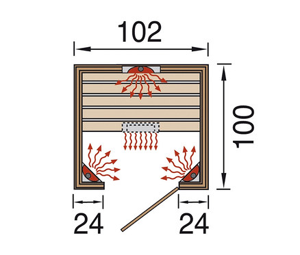 Draufsicht der Maße der WEKA-Infrarotkabine mit 4 Keramikstrahlern.