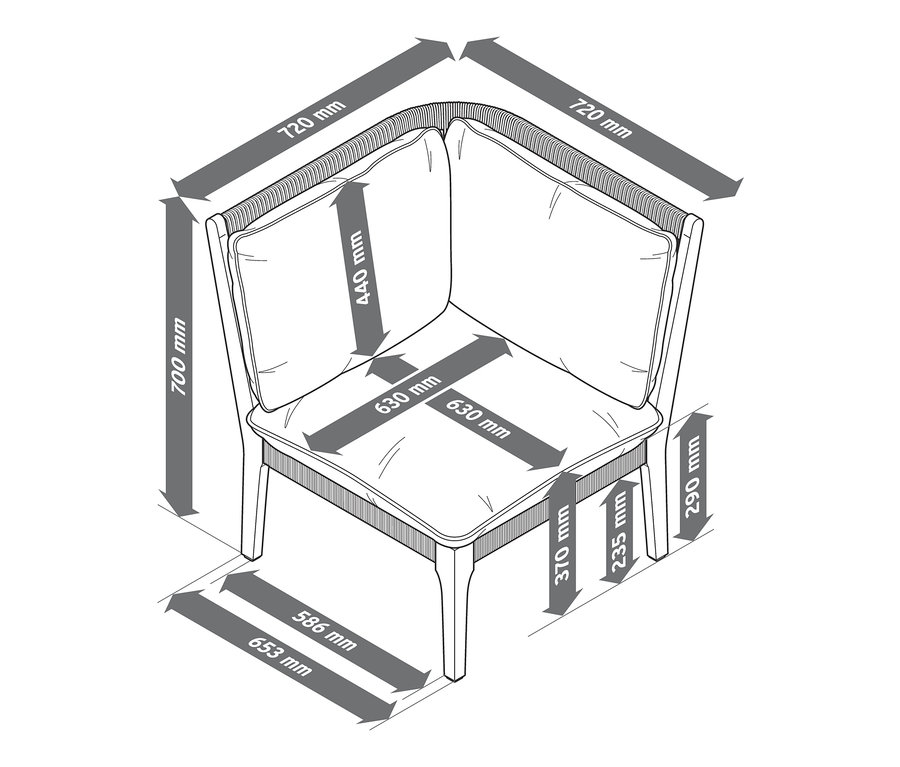 Skizze einer Lounge-Möbel-Ecke mit Bemaßung.