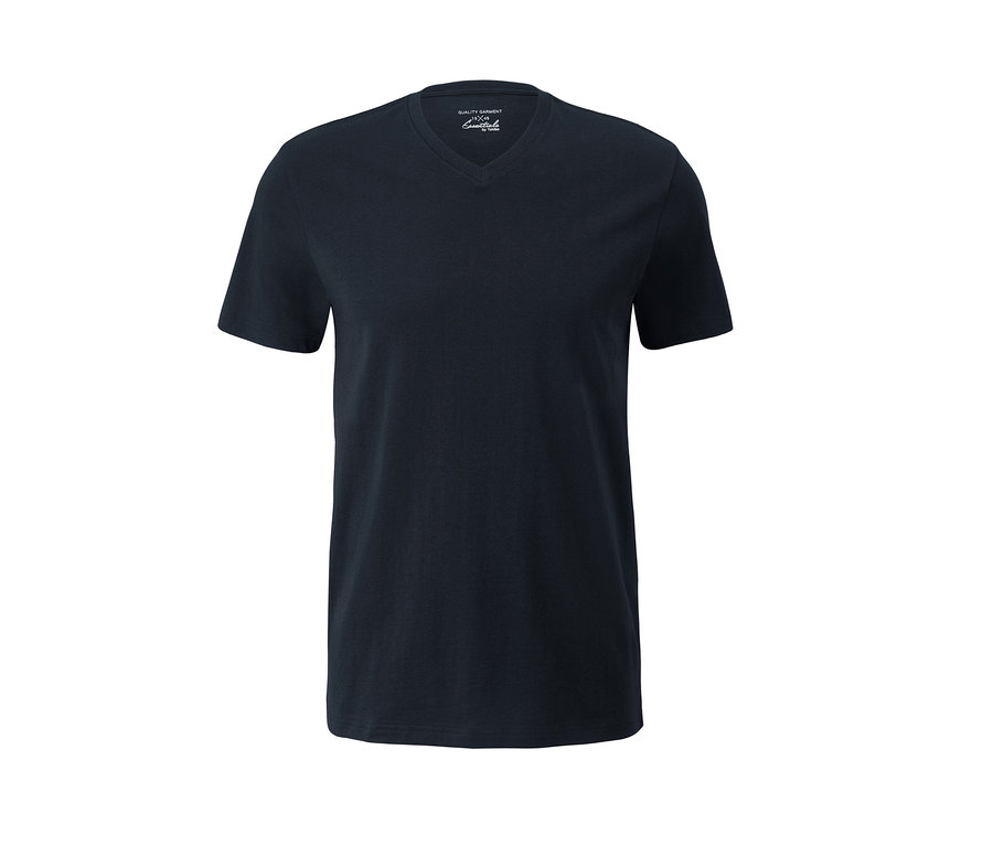 Detailansicht eines schwarzen Herren-T-Shirts mit V-Ausschnitt, das Teil eines 2er-Sets ist.