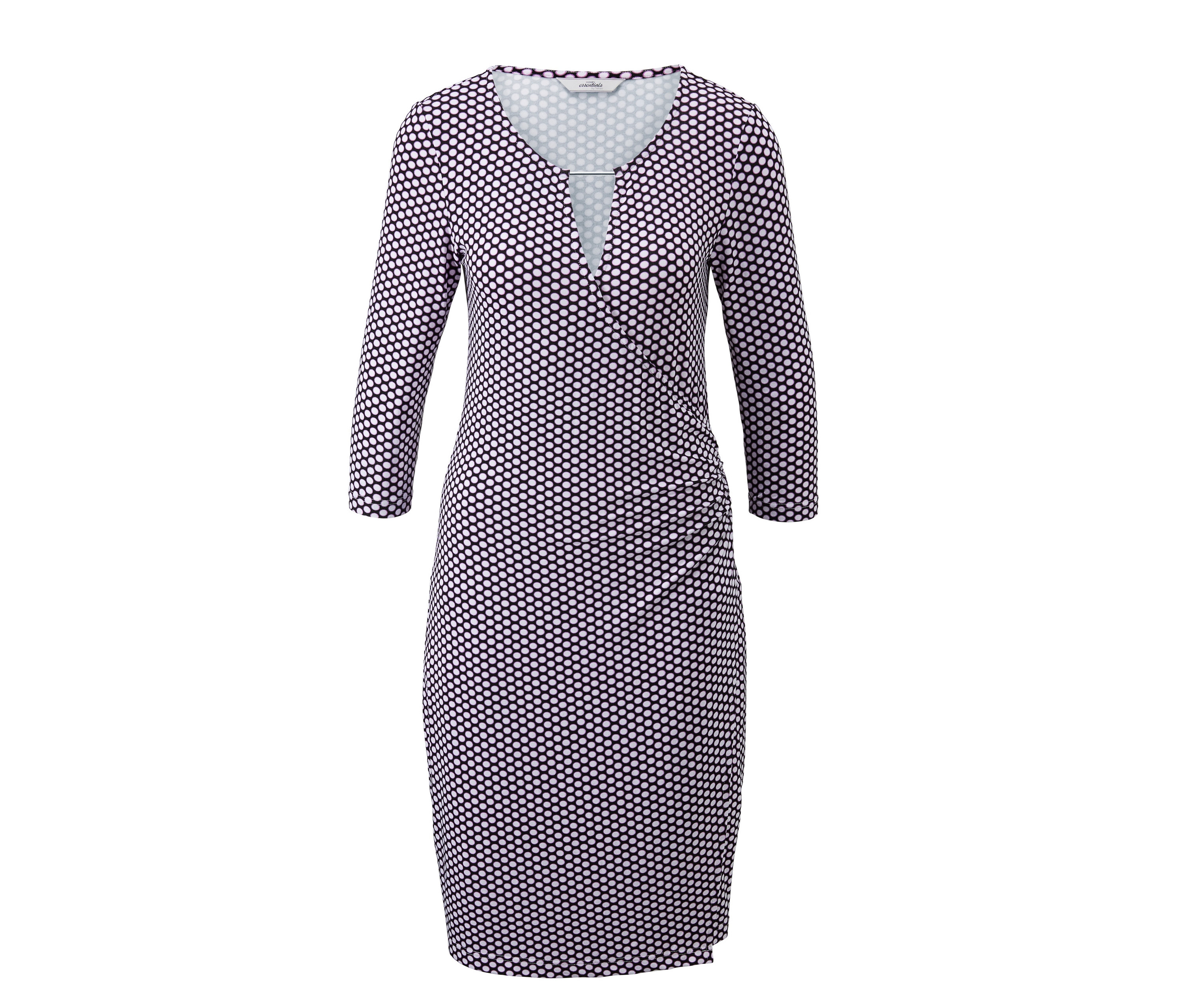 Ein Jerseykleid in Wickeloptik mit einem dunkelblauen geometrischen Muster.