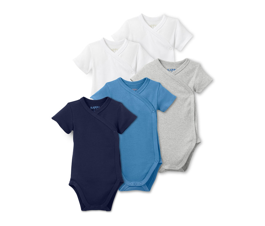 Fünf kurzärmelige Babybodys in Blau, Grau und Weiß.