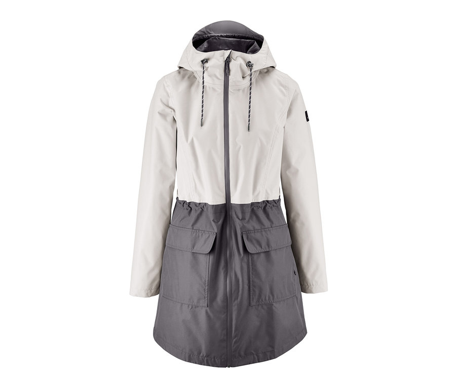 Zweifarbiger Funktionsparka in Grau und Weiß mit Kapuze.