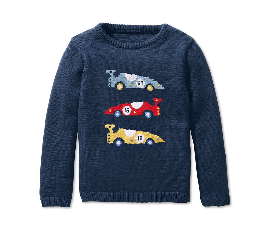 Marineblauer Feinstrick-Pullover mit blauem, rotem und gelbem Rennwagen-Motiv.