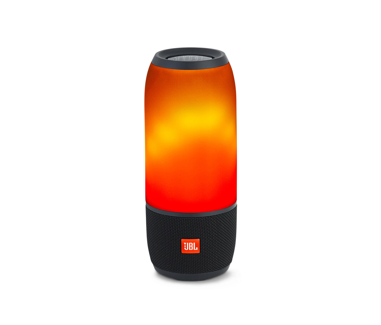 Ein JBL »Pulse 3«, tragbarer Bluetooth®-Lautsprecher mit orangefarbenem Licht.