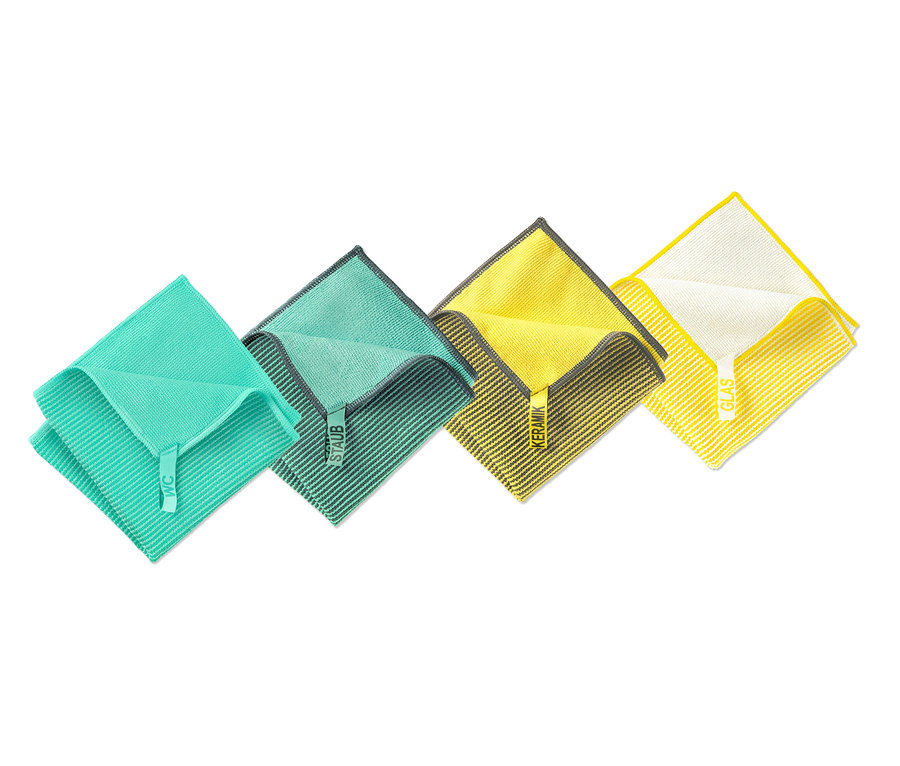 Vier Universal-Reinigungstücher in Grün, Dunkelgrün, Gelb und Gelb-Weiss.