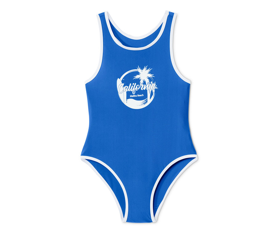 Blauer Badeanzug mit weißer Bordüre und Kalifornien-Aufdruck.