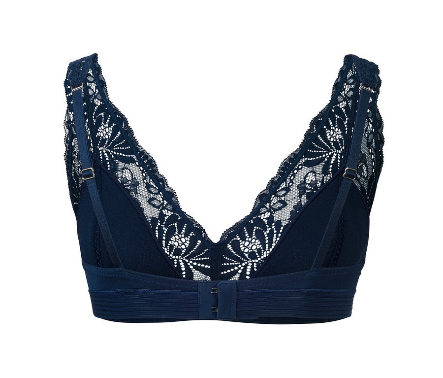 Detailansicht von marineblauem Soft-BH mit Spitze.