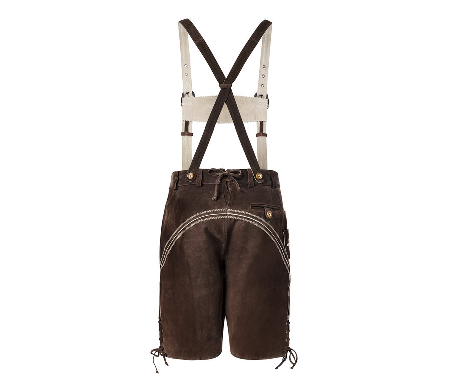 Braune Trachten-Lederhose mit Hosenträgern und Stickereien.