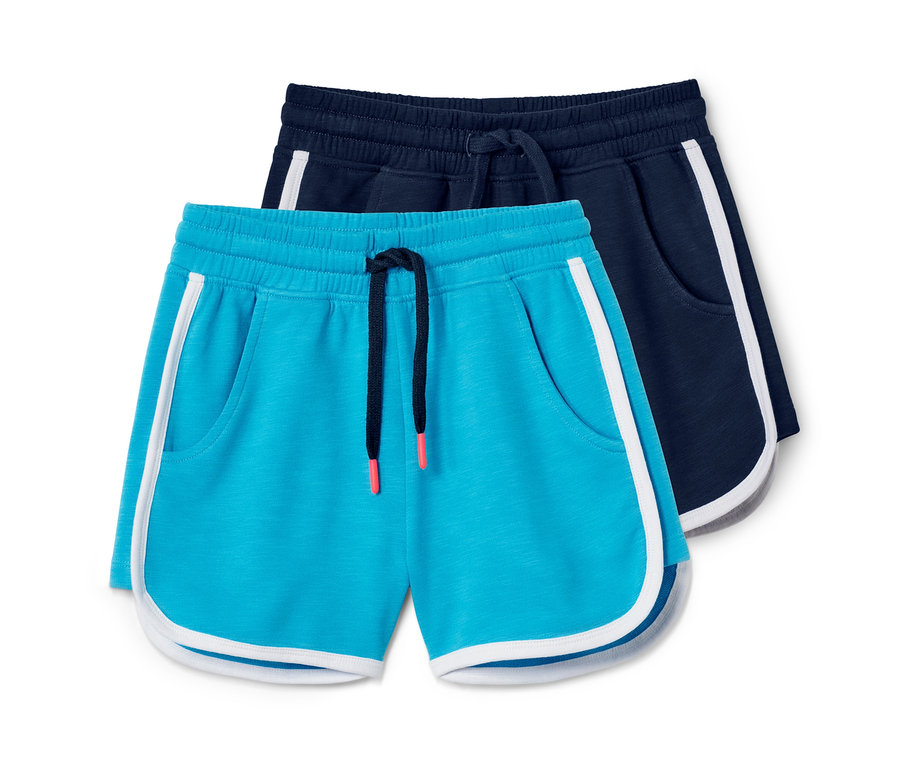 Zwei Shorts, eine türkis und eine dunkelblau.