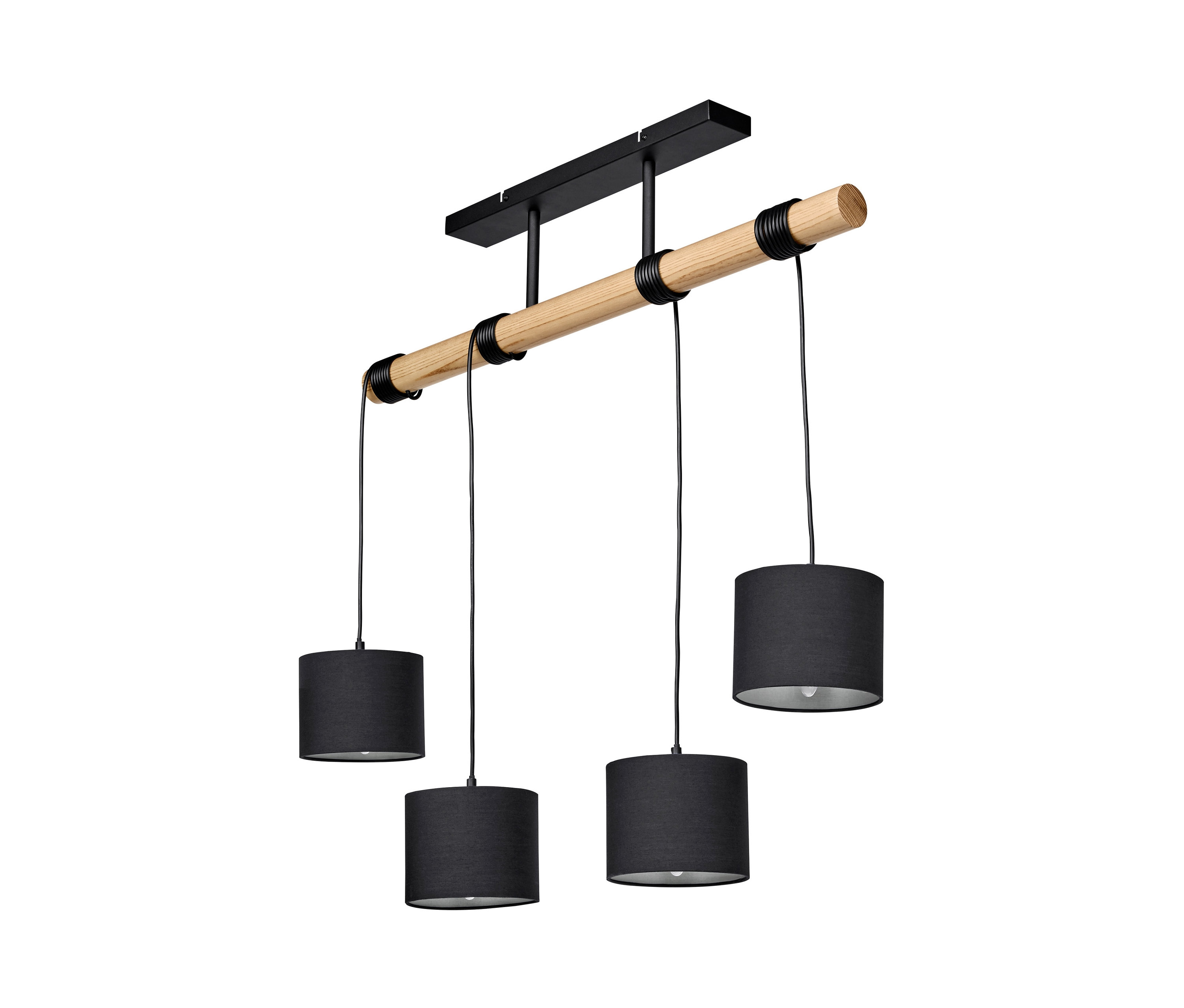 Eine 4-flammige Hängeleuchte mit Textilschirm.