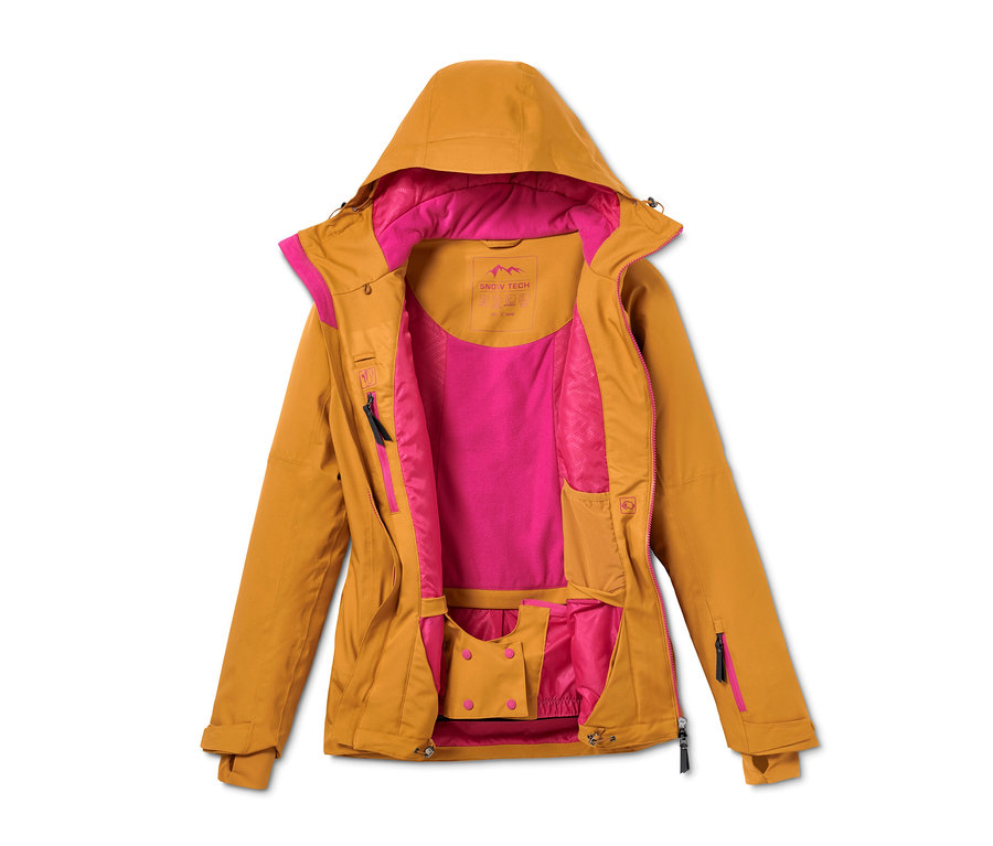 Offene, senfgelbe Skijacke mit pinkem Futter.
