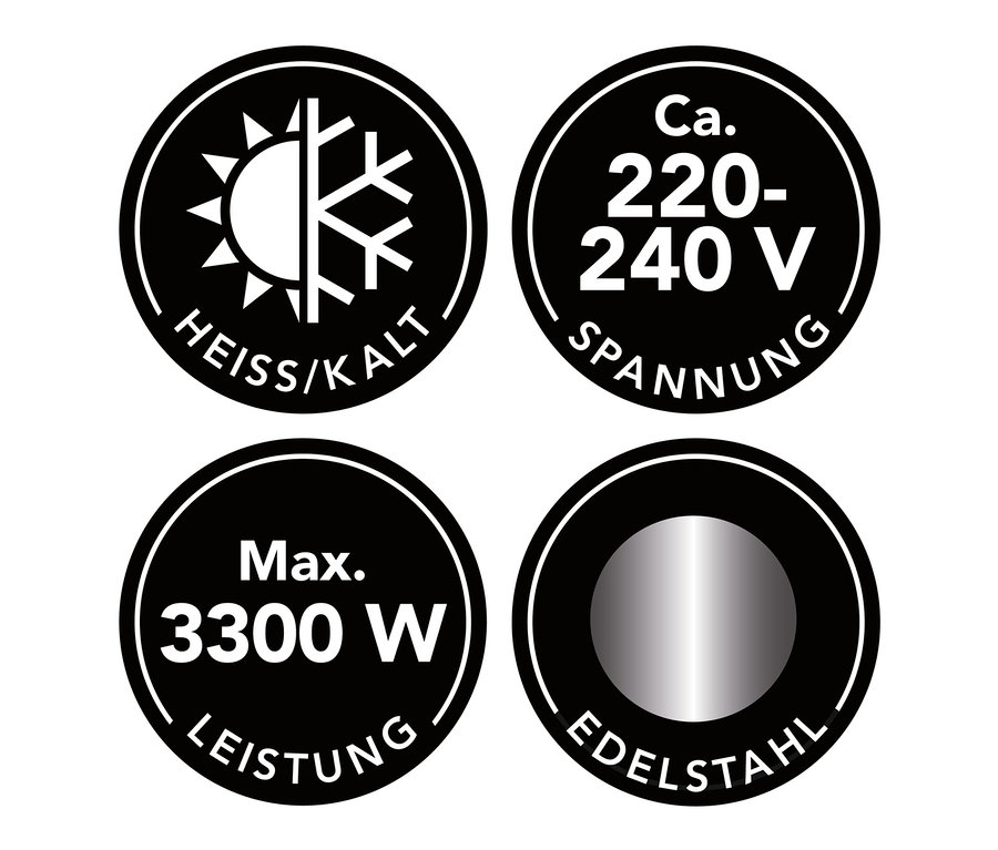 Vier schwarze, kreisförmige Symbole zeigen die Produkteigenschaften des MAXXMEE Elektrische Edelstahl-Armatur mit integriertem Durchlauferhitzer »4974«.