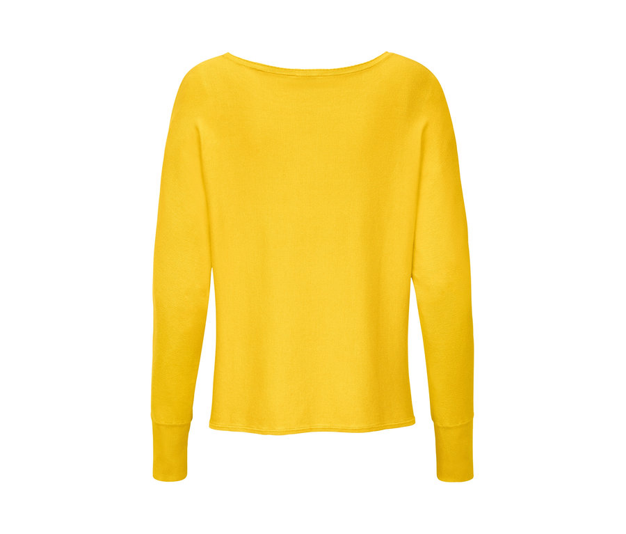 Gelber Feinstrickpullover von hinten gezeigt.