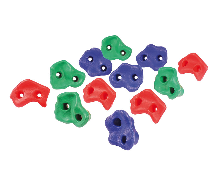 Anordnung von 12 HUDORA Klettergriffe in Rot, Grün und Blau.