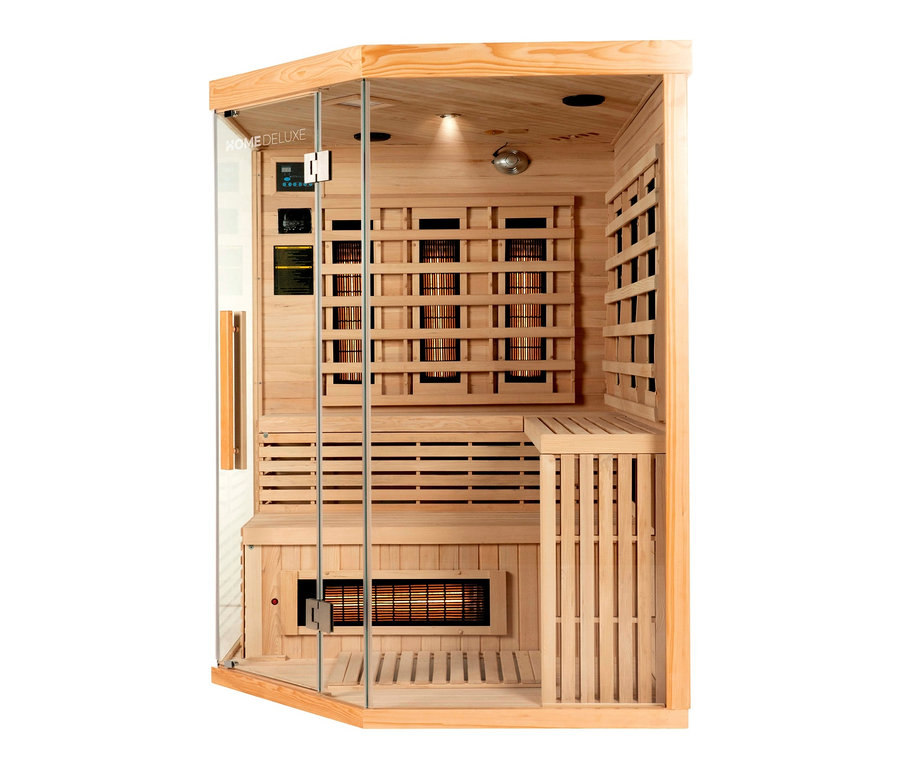 Innenansicht der Home Deluxe Infrarotkabine »SAHARA XXL« mit Holzverkleidung, Glastür und Sitzbank.
