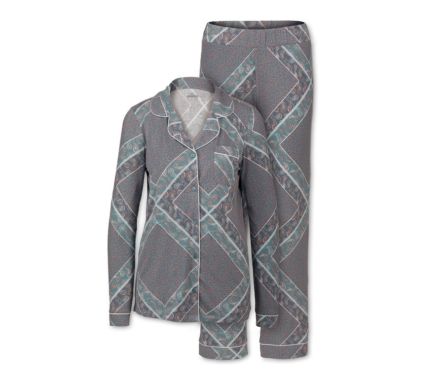 Ein grauer Pyjama mit Paisley-Muster, bestehend aus Oberteil und Hose.