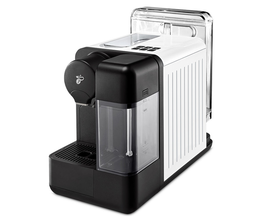 Schwarz-weiße Cafissimo milk, weiß Kaffeemaschine von vorne.