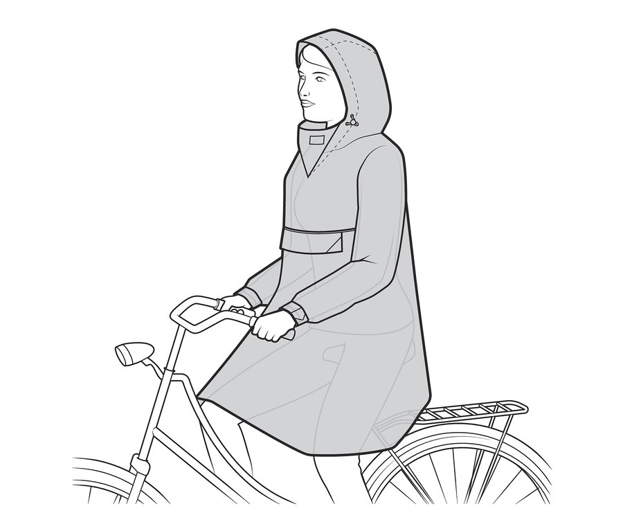 Frau auf Fahrrad trägt Regenponcho mit Ärmeln.