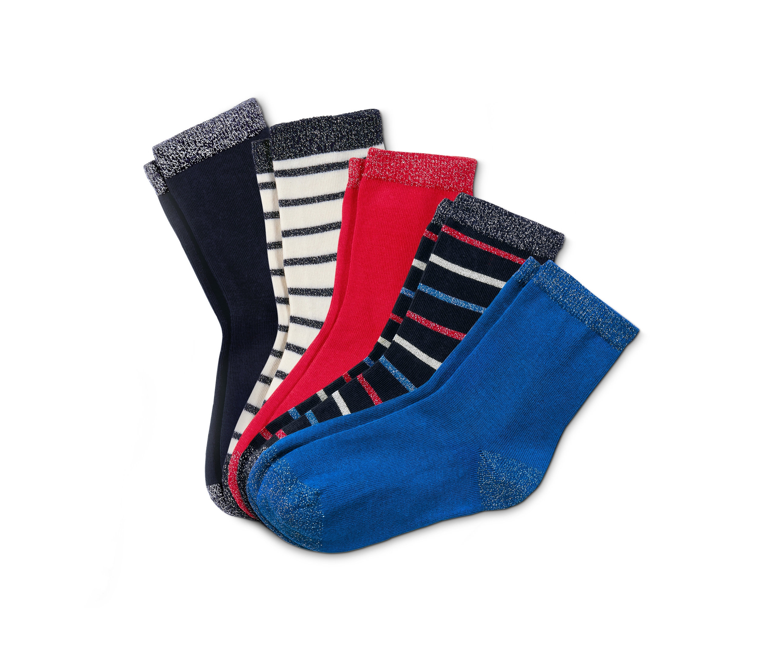 Fünf Paar Socken mit Glitzer in den Farben Blau, Gestreift, Rot.