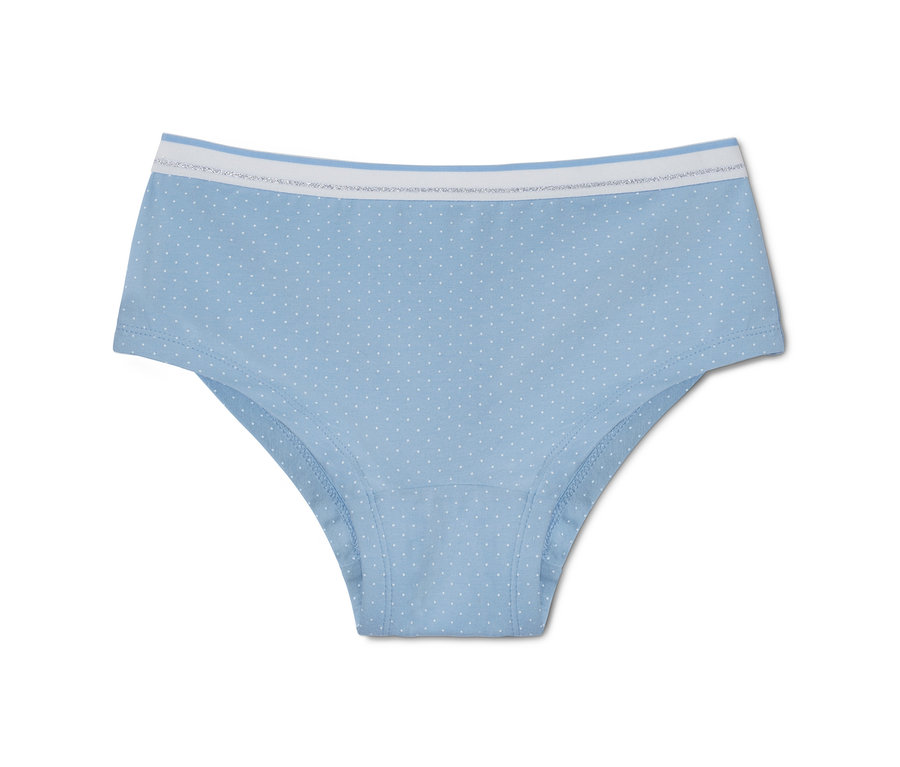 Ein einzelner blauer Mädchen-Panty mit weißen Punkten aus einem 3er-Set mit Bio-Baumwolle.