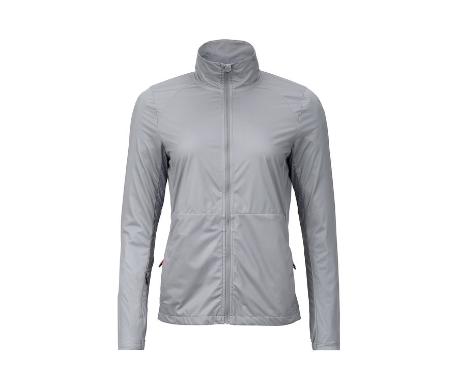 Hellgraue Laufjacke mit Reißverschluss in der Mitte.