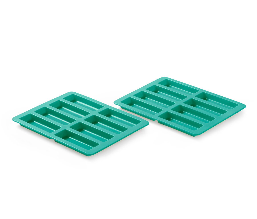 Zwei türkise Müsliriegel-Backformen mit je acht rechteckigen Aussparungen.