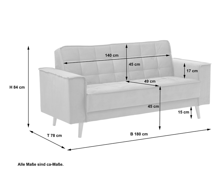 Abmessungen des azurblauen Max Winzer® 2-Sitzer-Sofas »Jolene«.