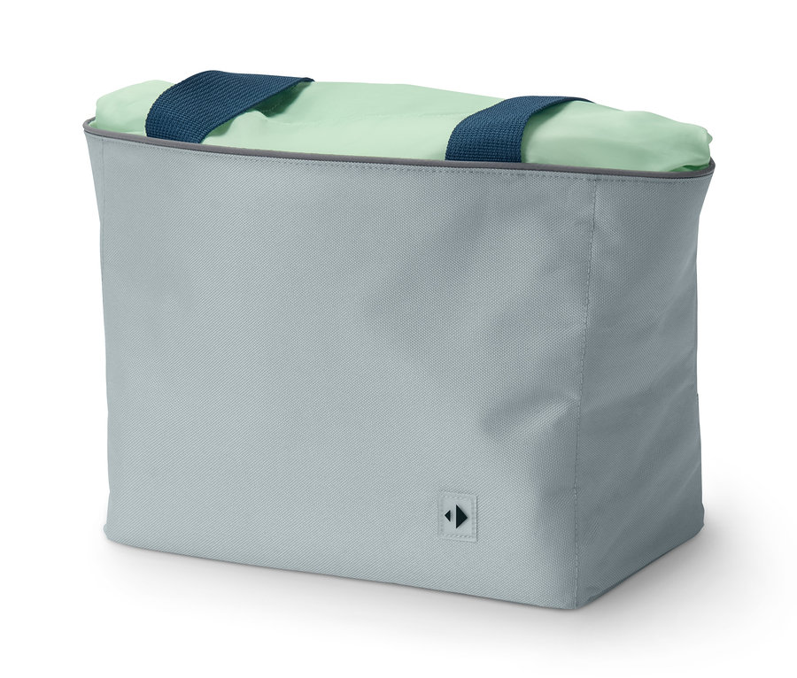 Eine graue Fahrradlenker-Tasche mit blauen Trägern und hellgrünem Innenfutter.