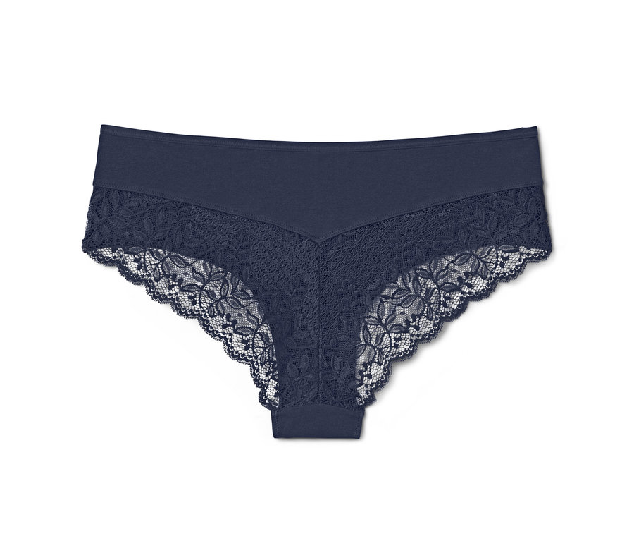 Dunkelblaue Brazilslips mit Spitze.