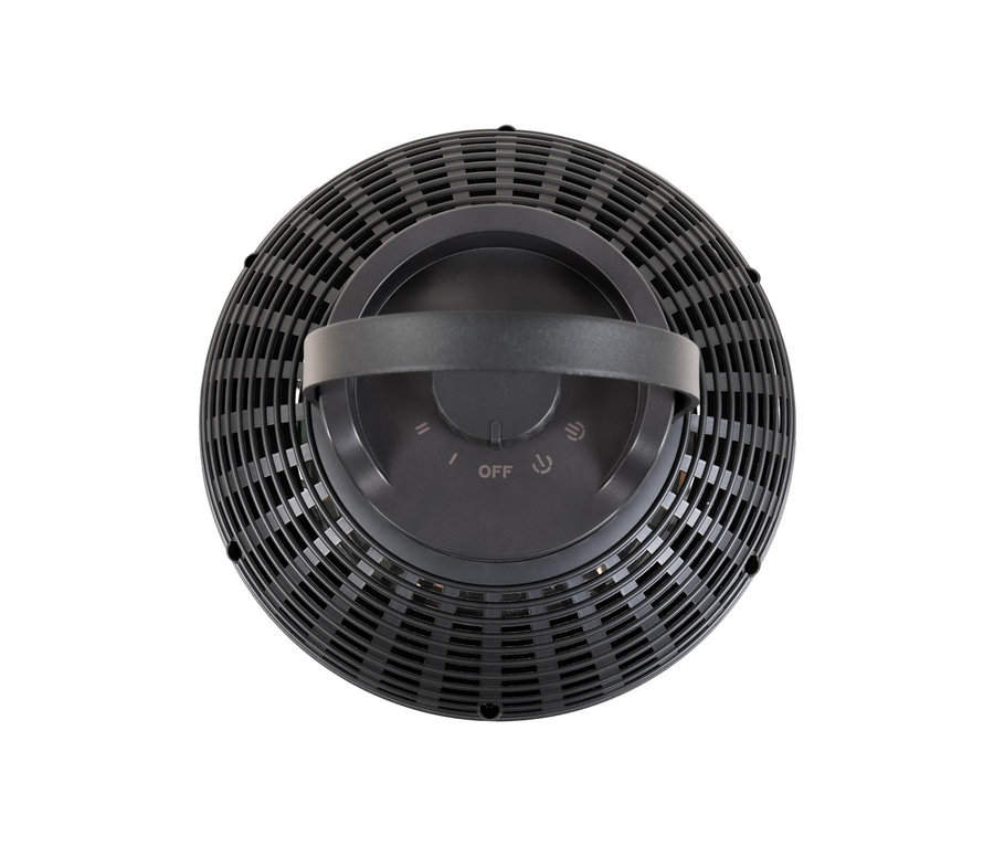 Detailansicht von oben eines schwarzen Sunred Tisch-Heizstrahlers »Indox« mit Gittermuster und Bedienfeld.