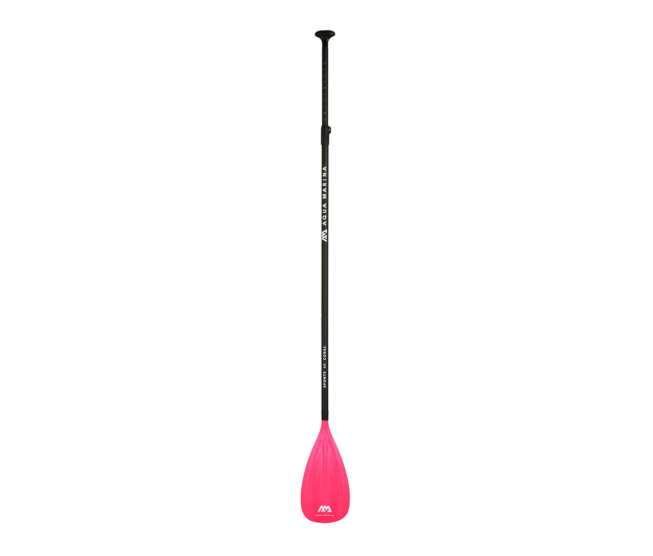 Ein Aqua Marina SUP- und Kajak-Paddel »Sports III Coral« mit schwarzem Schaft und pinkfarbenem Blatt.