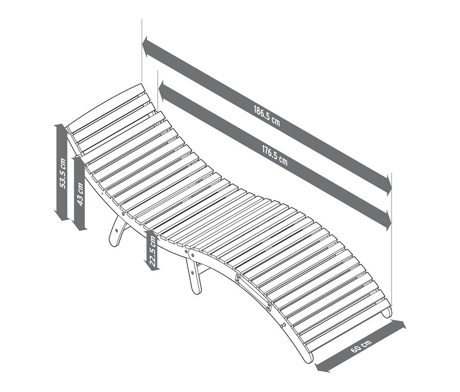 Illustration einer zusammenklappbaren Wellenliege »Lenja« mit Abmessungen.