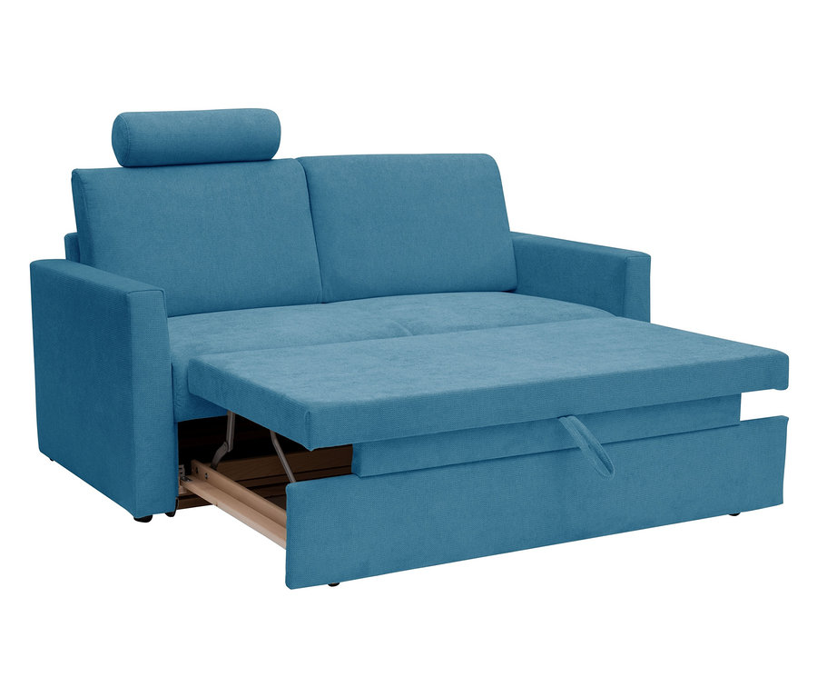 Detailansicht des Schlafsofas »Nora«, azurblau, teilweise ausgeklappt.