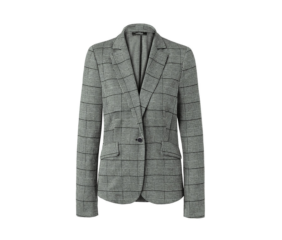 Grau karierter Sweatblazer mit Knopf.