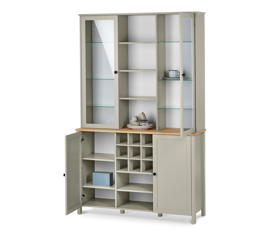 Buffet-Schrank mit Glastüren und Stauraum, mit offenen und geschlossenen Fächern und Ablageflächen.