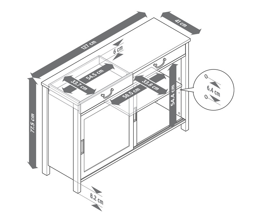 Illustration einer Anrichte mit Stauraum und hervorgehobenen Abmessungen.