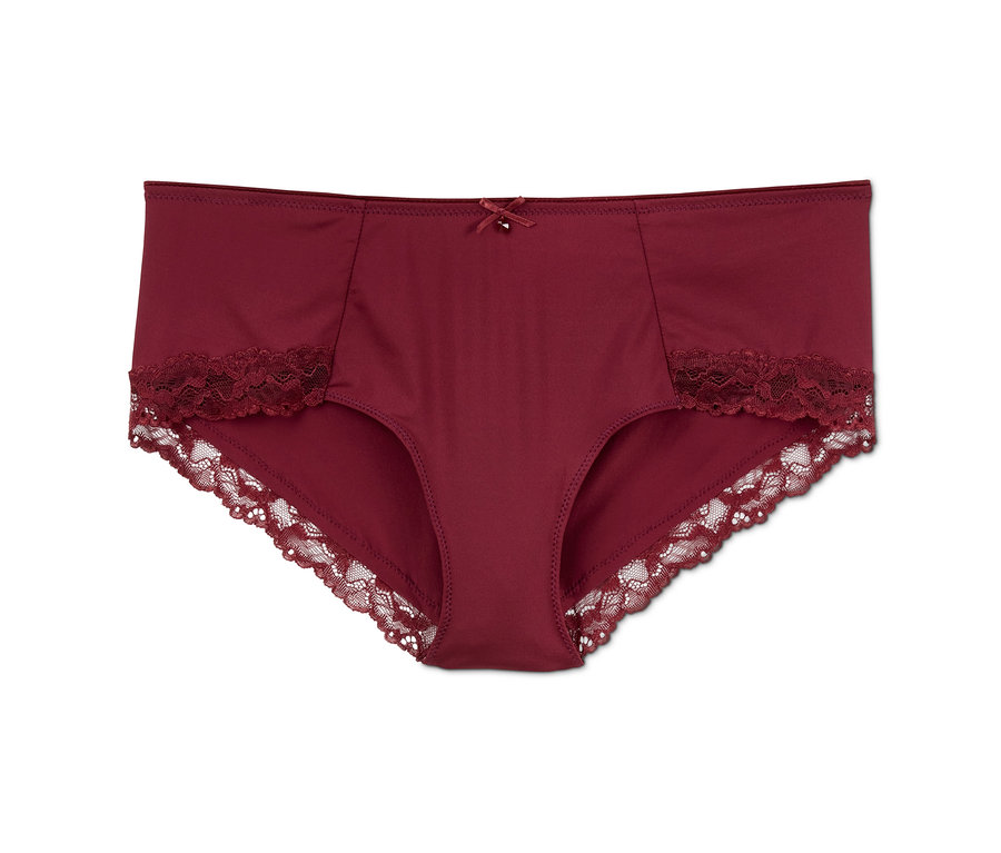 Detailansicht eines Damenslips, 3 Stück, mit Spitze, in Burgunderrot.