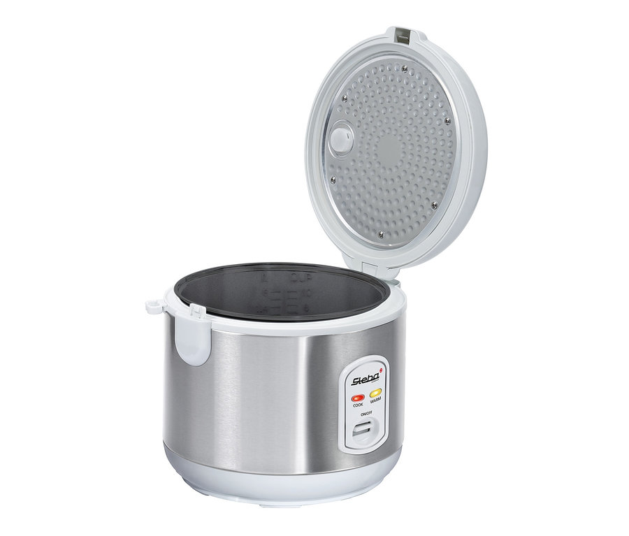 Ein geöffneter Steba Reiskocher RK 2 aus Edelstahl mit schwarzem Innentopf.