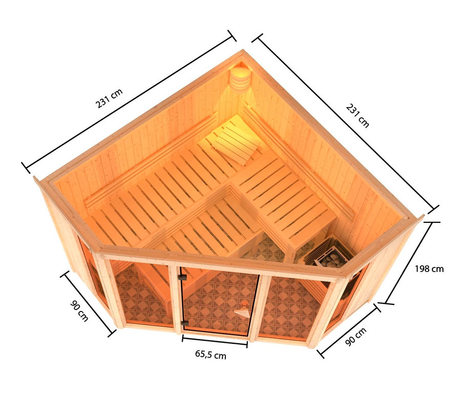 Draufsicht auf Karibu Sauna »Rachel 2« im Set mit 9-kW-Ofen und finnischer Steuerung.